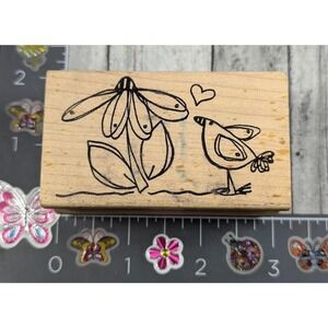 Magenta Bird Flower Heart Rubber Stamp Wood #i14